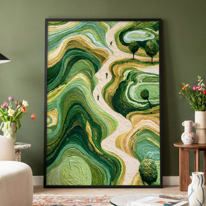 Verdant Winding Paths, green, beige, gold nature wall art displayed in a styled interior, gallery view 4