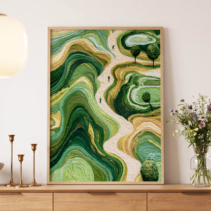 Verdant Winding Paths, green, beige, gold nature wall art displayed in a styled interior, gallery view 5