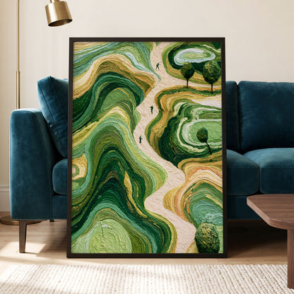 Verdant Winding Paths, green, beige, gold nature wall art displayed in a styled interior, gallery view 6