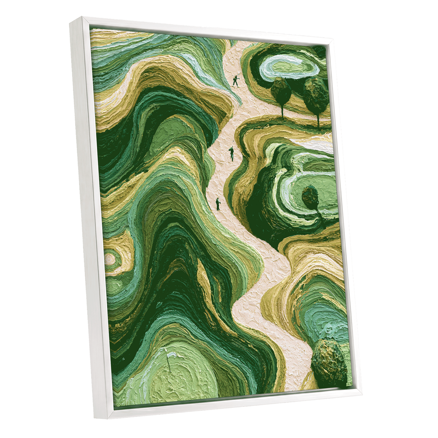 Verdant Winding Paths, green, beige, gold nature wall art shown as a white framed canvas wall art