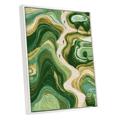 Verdant Winding Paths, green, beige, gold nature wall art shown as a white framed canvas wall art