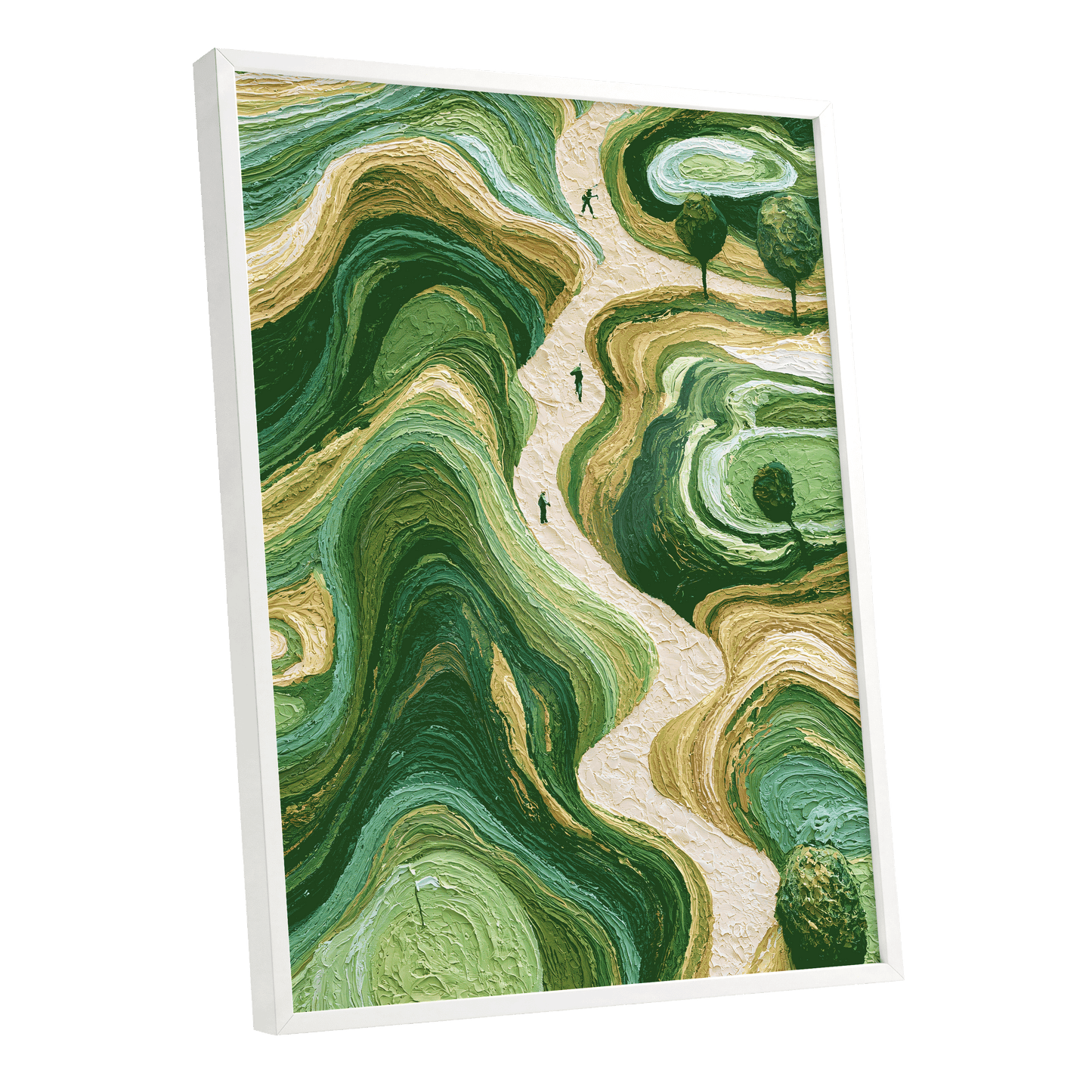 Verdant Winding Paths, green, beige, gold nature wall art shown as a white framed poster wall art print