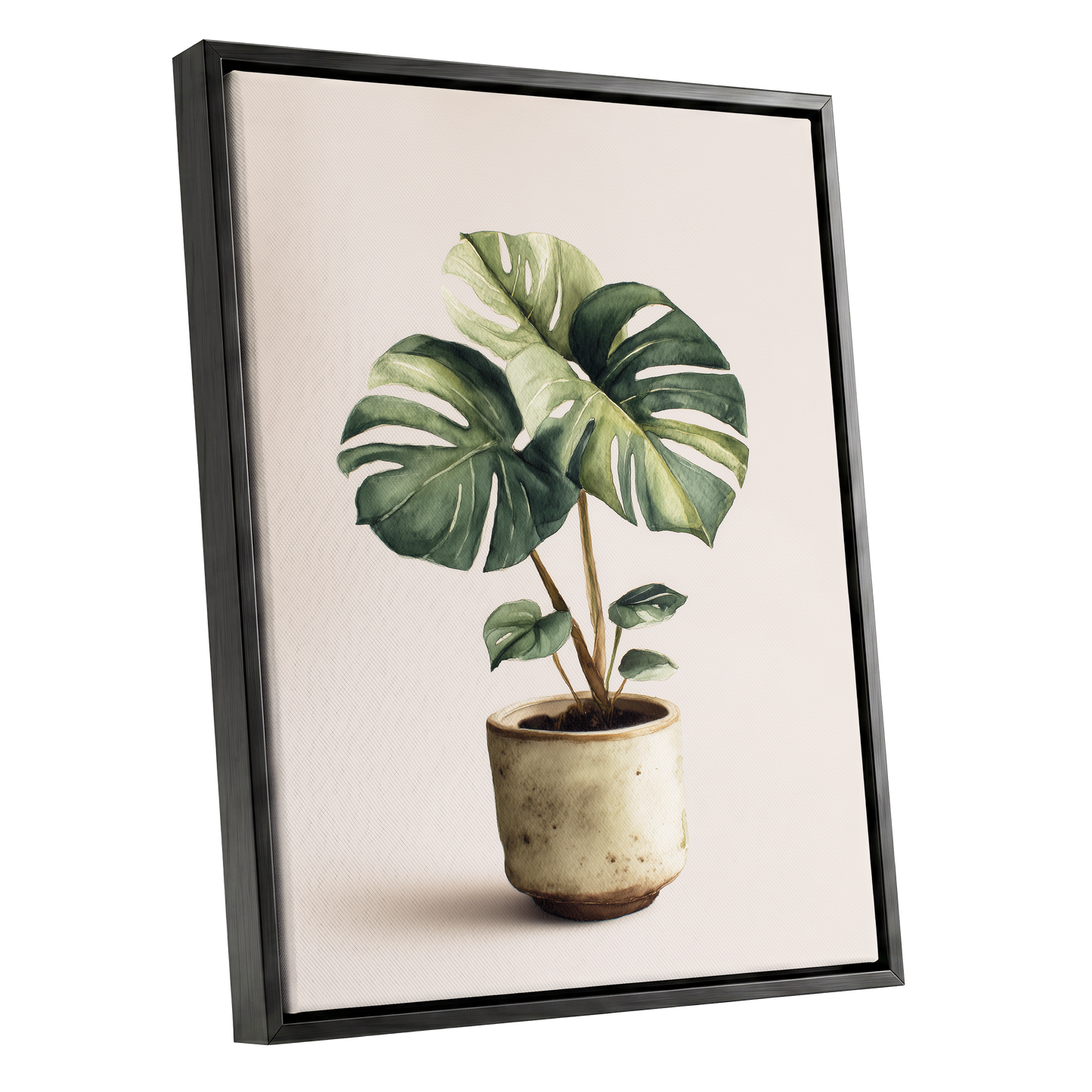 Verdant Windowleaf, green, beige, brown nature wall art shown as a black framed canvas wall art