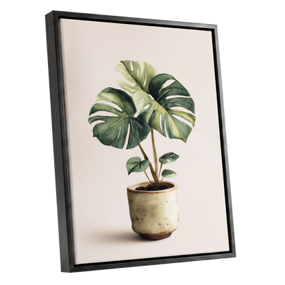Verdant Windowleaf, green, beige, brown nature wall art shown as a black framed canvas wall art