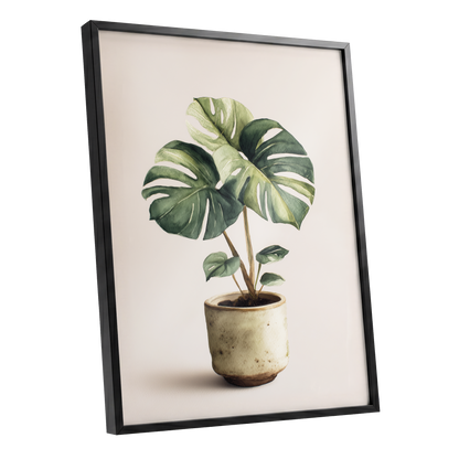 Verdant Windowleaf, green, beige, brown nature wall art shown as a black framed poster wall art print