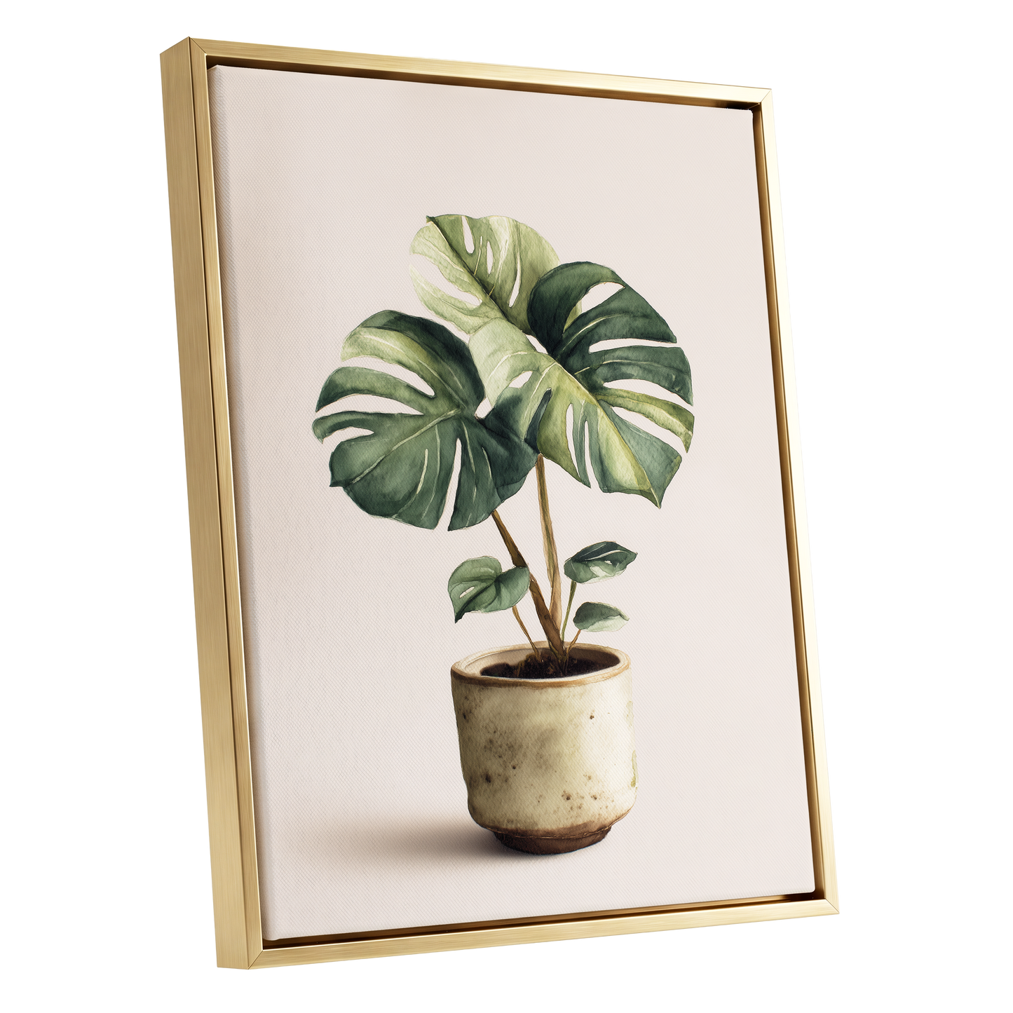 Verdant Windowleaf, green, beige, brown nature wall art shown as a gold framed canvas wall art