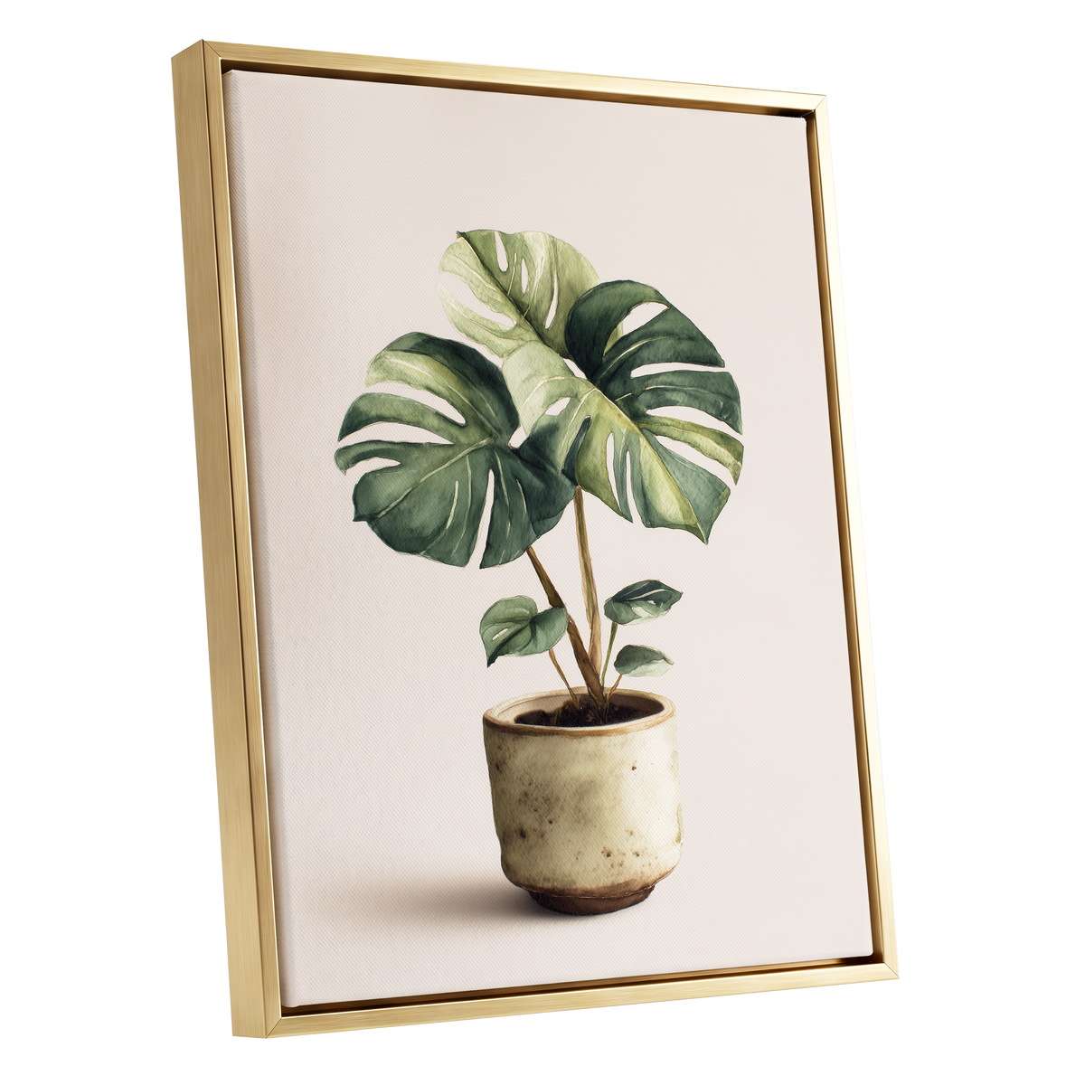 Verdant Windowleaf, green, beige, brown nature wall art shown as a gold framed canvas wall art
