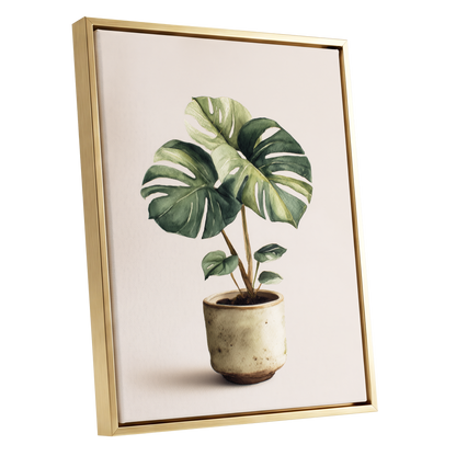 Verdant Windowleaf, green, beige, brown nature wall art shown as a gold framed canvas wall art