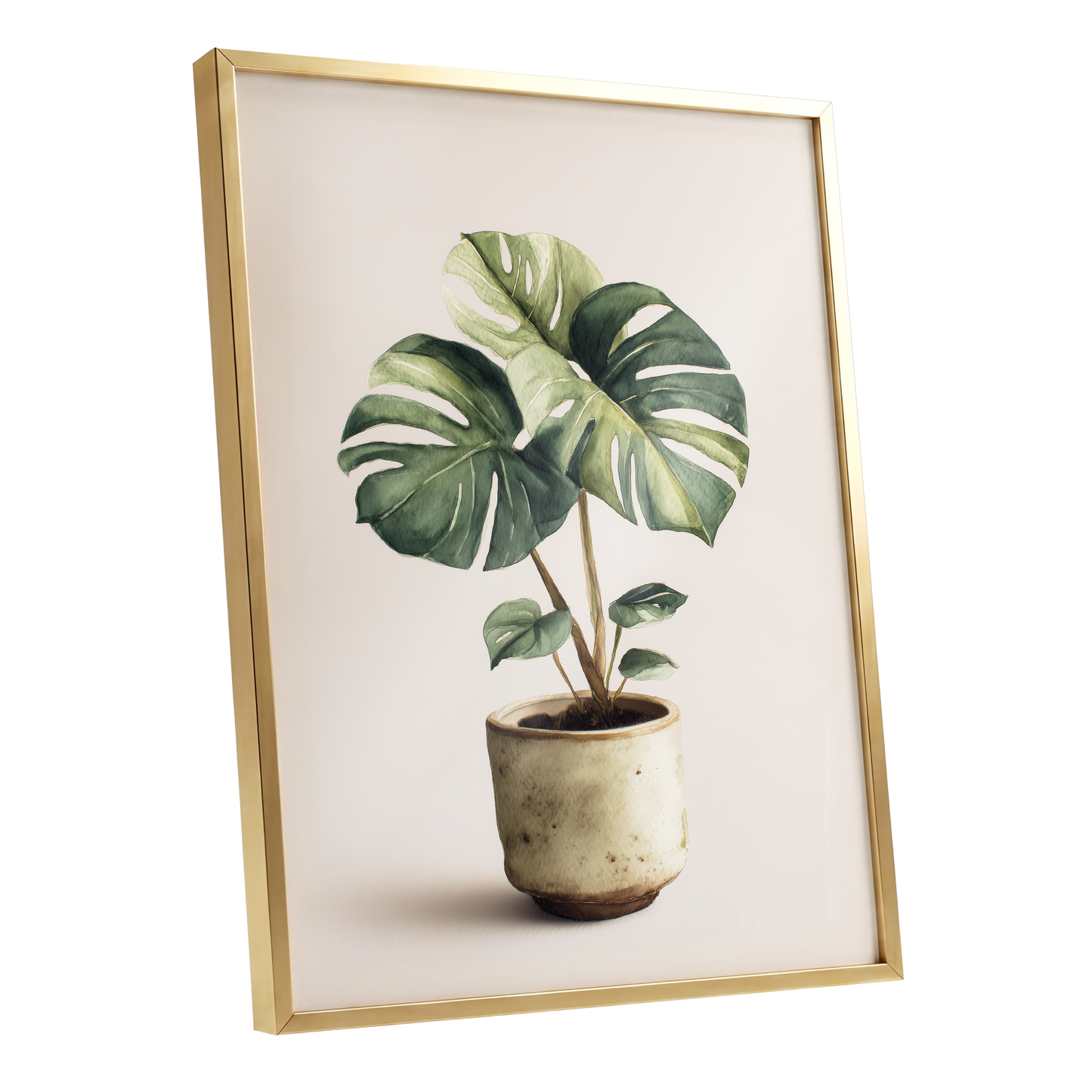 Verdant Windowleaf, green, beige, brown nature wall art shown as a gold framed poster wall art print