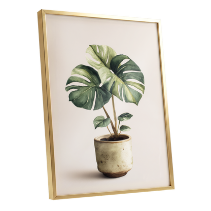 Verdant Windowleaf, green, beige, brown nature wall art shown as a gold framed poster wall art print