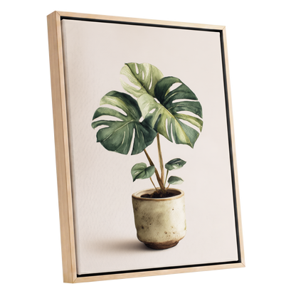 Verdant Windowleaf, green, beige, brown nature wall art shown as a oak framed canvas wall art