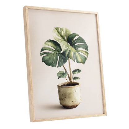 Verdant Windowleaf, green, beige, brown nature wall art shown as a oak framed poster wall art print