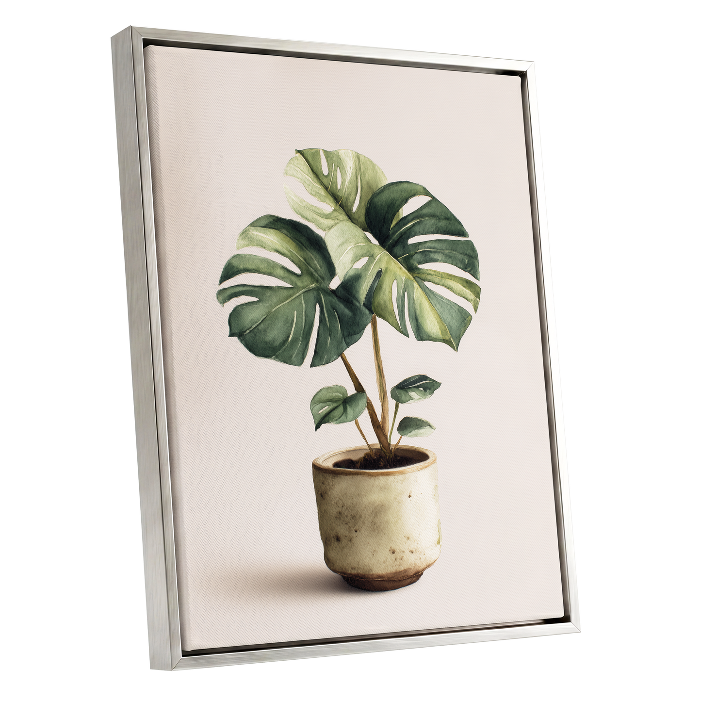 Verdant Windowleaf, green, beige, brown nature wall art shown as a silver framed canvas wall art