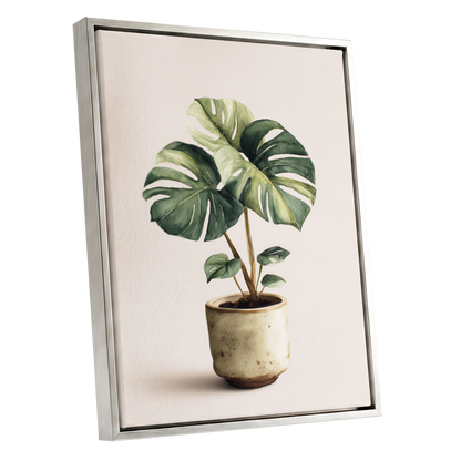 Verdant Windowleaf, green, beige, brown nature wall art shown as a silver framed canvas wall art