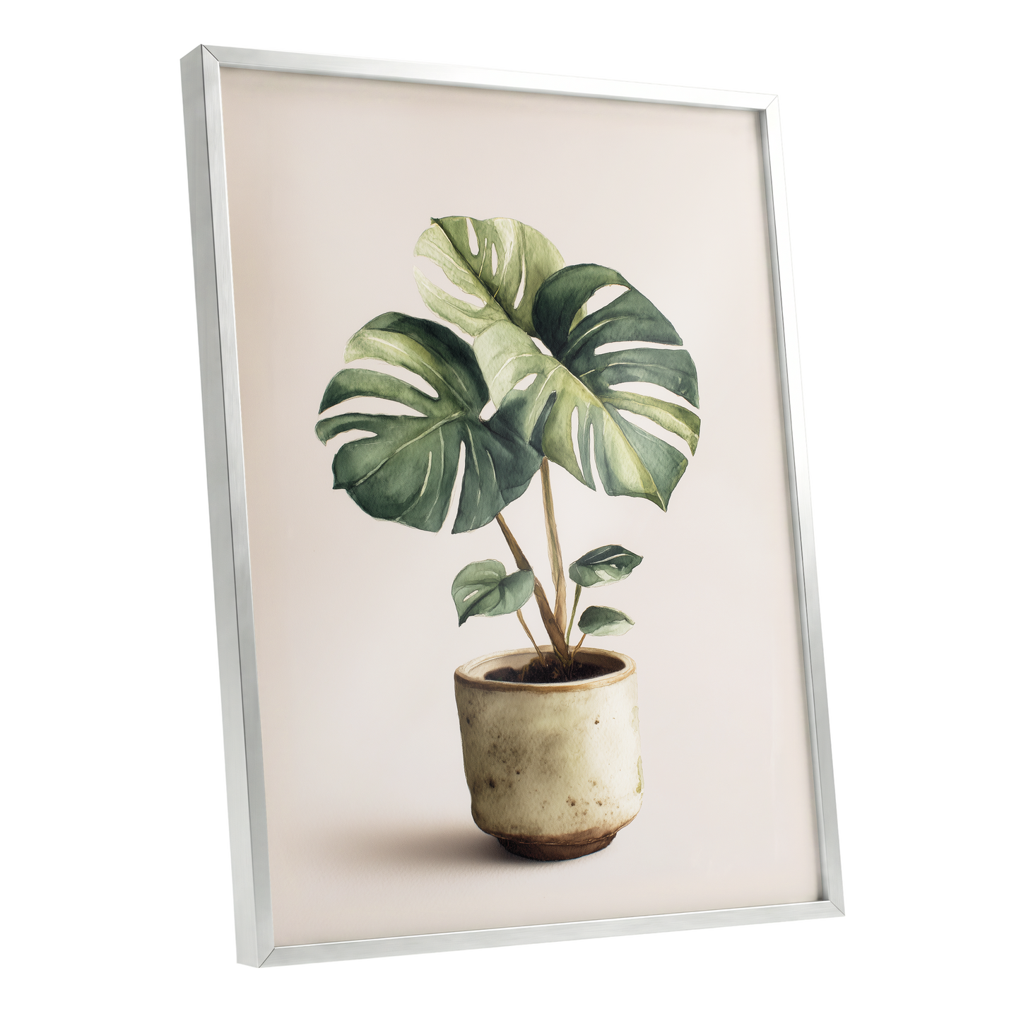 Verdant Windowleaf, green, beige, brown nature wall art shown as a silver framed poster wall art print