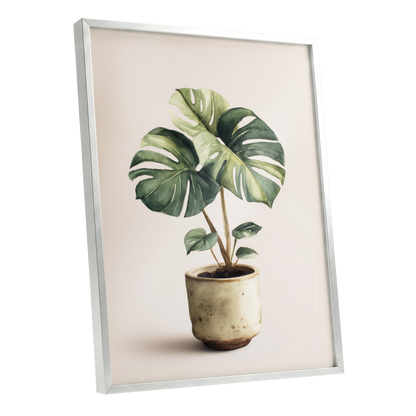 Verdant Windowleaf, green, beige, brown nature wall art shown as a silver framed poster wall art print