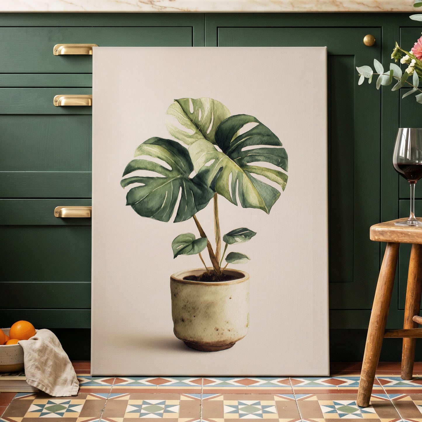 Verdant Windowleaf, green, beige, brown nature wall art displayed in a styled interior, gallery view 3