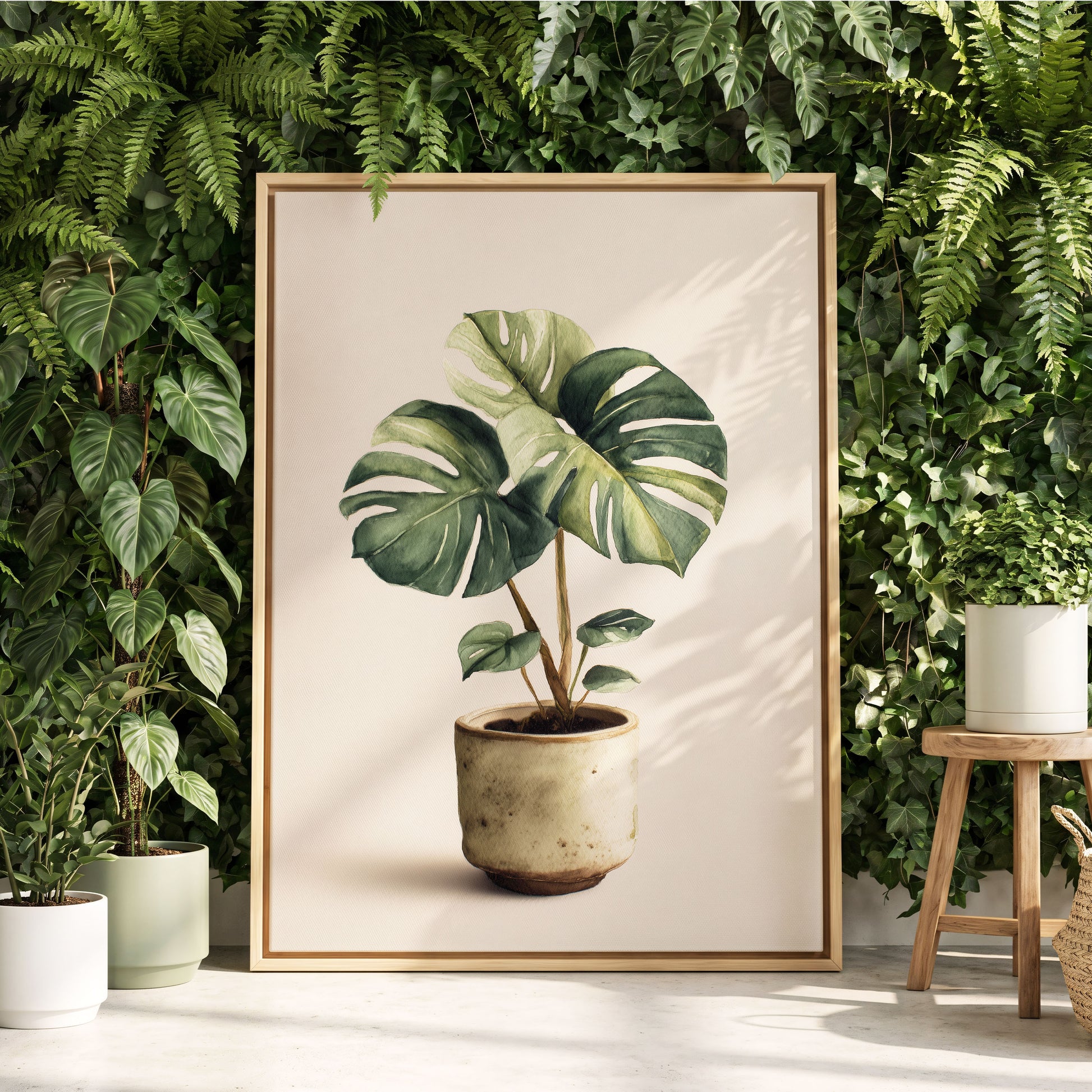 Verdant Windowleaf, green, beige, brown nature wall art displayed in a styled interior, gallery view 4