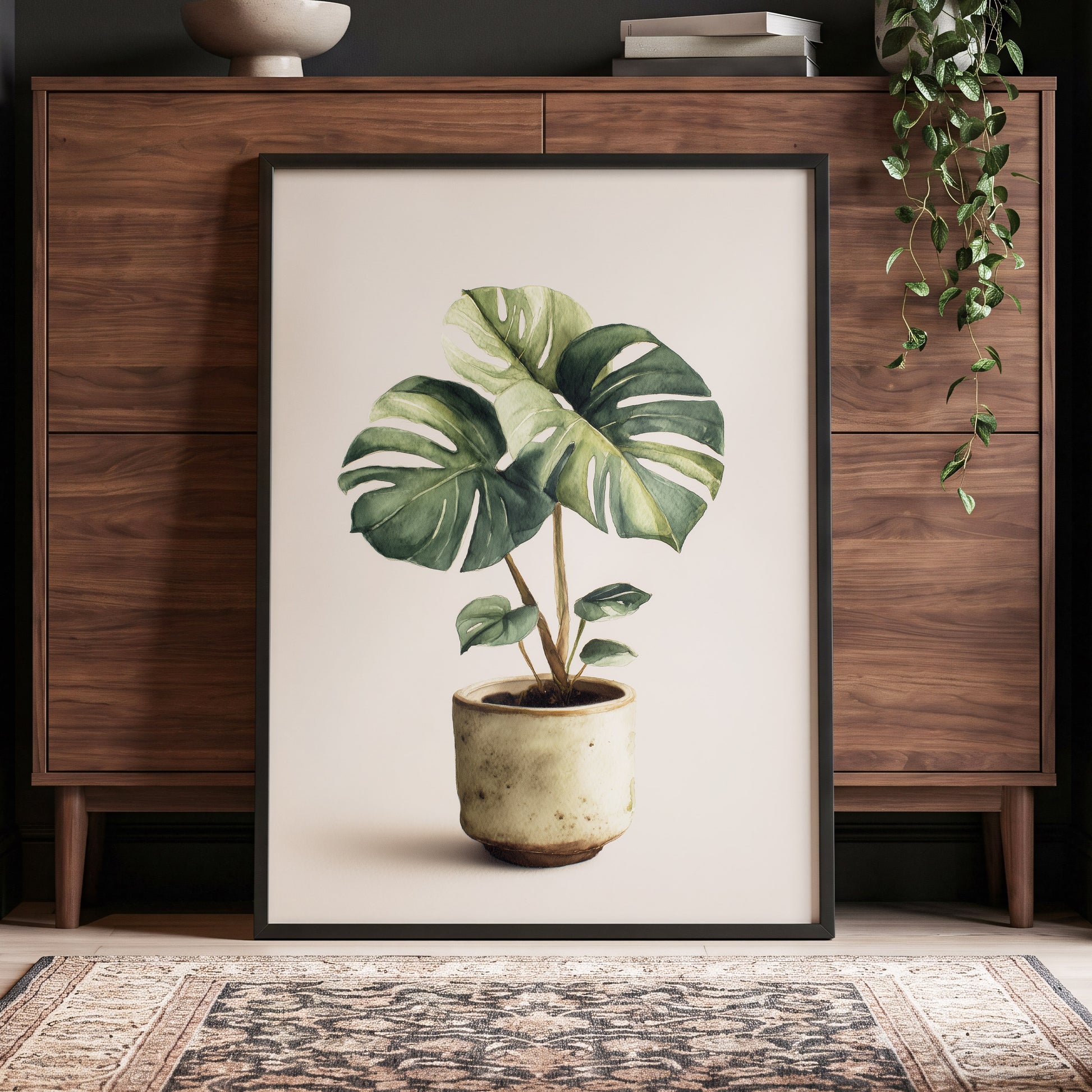 Verdant Windowleaf, green, beige, brown nature wall art displayed in a styled interior, gallery view 6