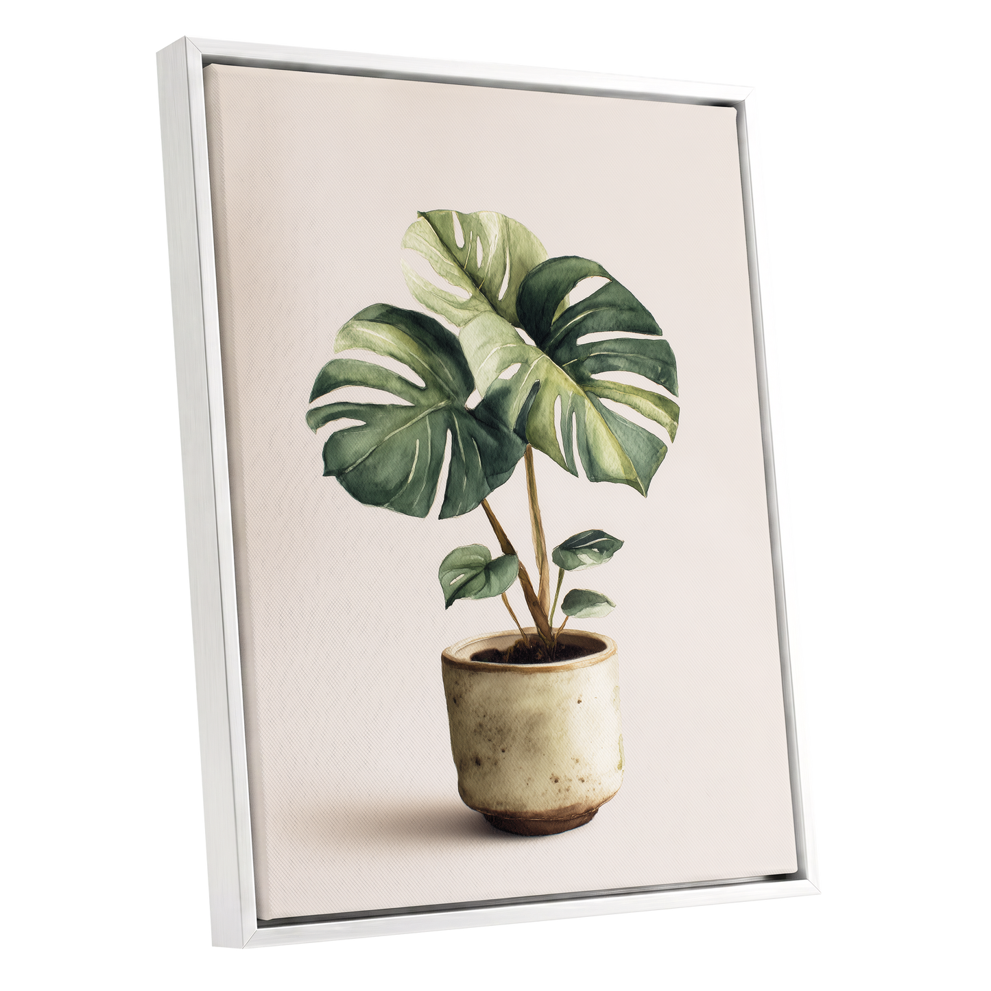 Verdant Windowleaf, green, beige, brown nature wall art shown as a white framed canvas wall art