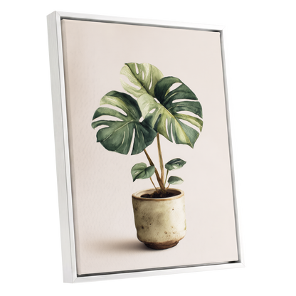 Verdant Windowleaf, green, beige, brown nature wall art shown as a white framed canvas wall art