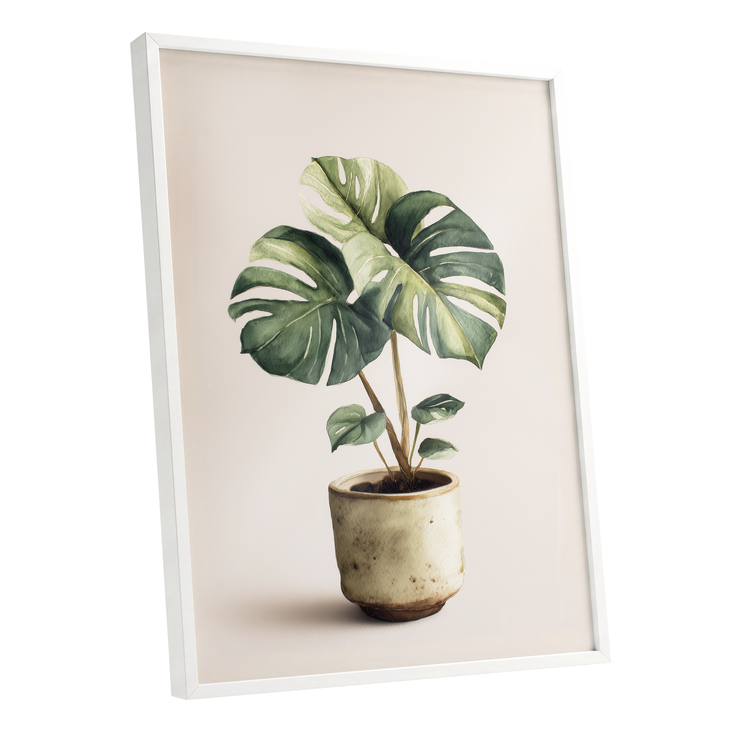 Verdant Windowleaf, green, beige, brown nature wall art shown as a white framed poster wall art print