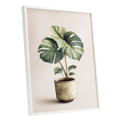 Verdant Windowleaf, green, beige, brown nature wall art shown as a white framed poster wall art print