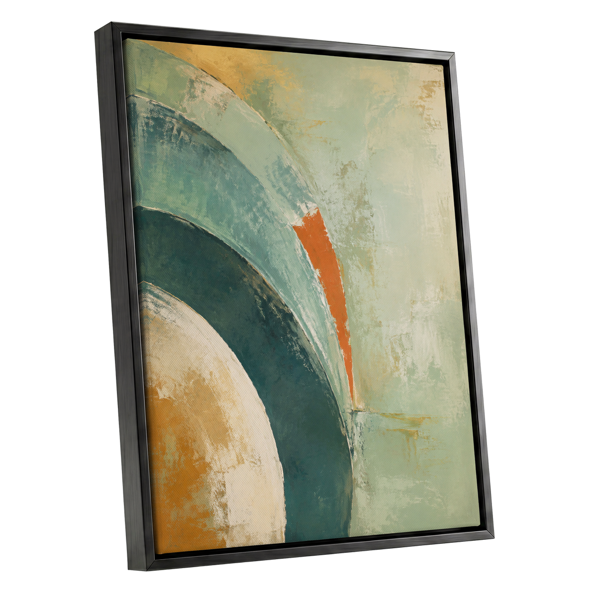 Verdigris Sweep, green, blue, beige abstract wall art shown as a black framed canvas wall art