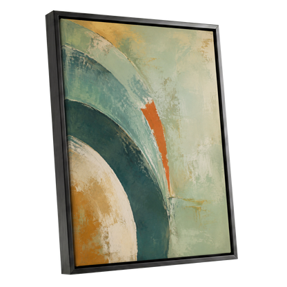 Verdigris Sweep, green, blue, beige abstract wall art shown as a black framed canvas wall art
