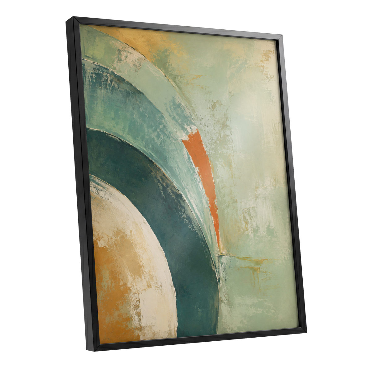 Verdigris Sweep, green, blue, beige abstract wall art shown as a black framed poster wall art print
