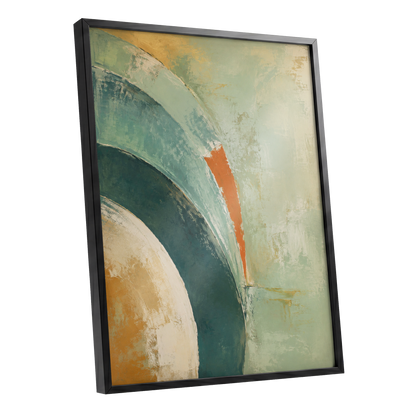Verdigris Sweep, green, blue, beige abstract wall art shown as a black framed poster wall art print