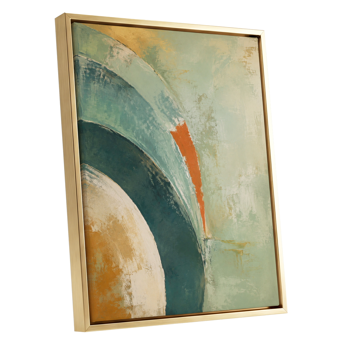 Verdigris Sweep, green, blue, beige abstract wall art shown as a gold framed canvas wall art
