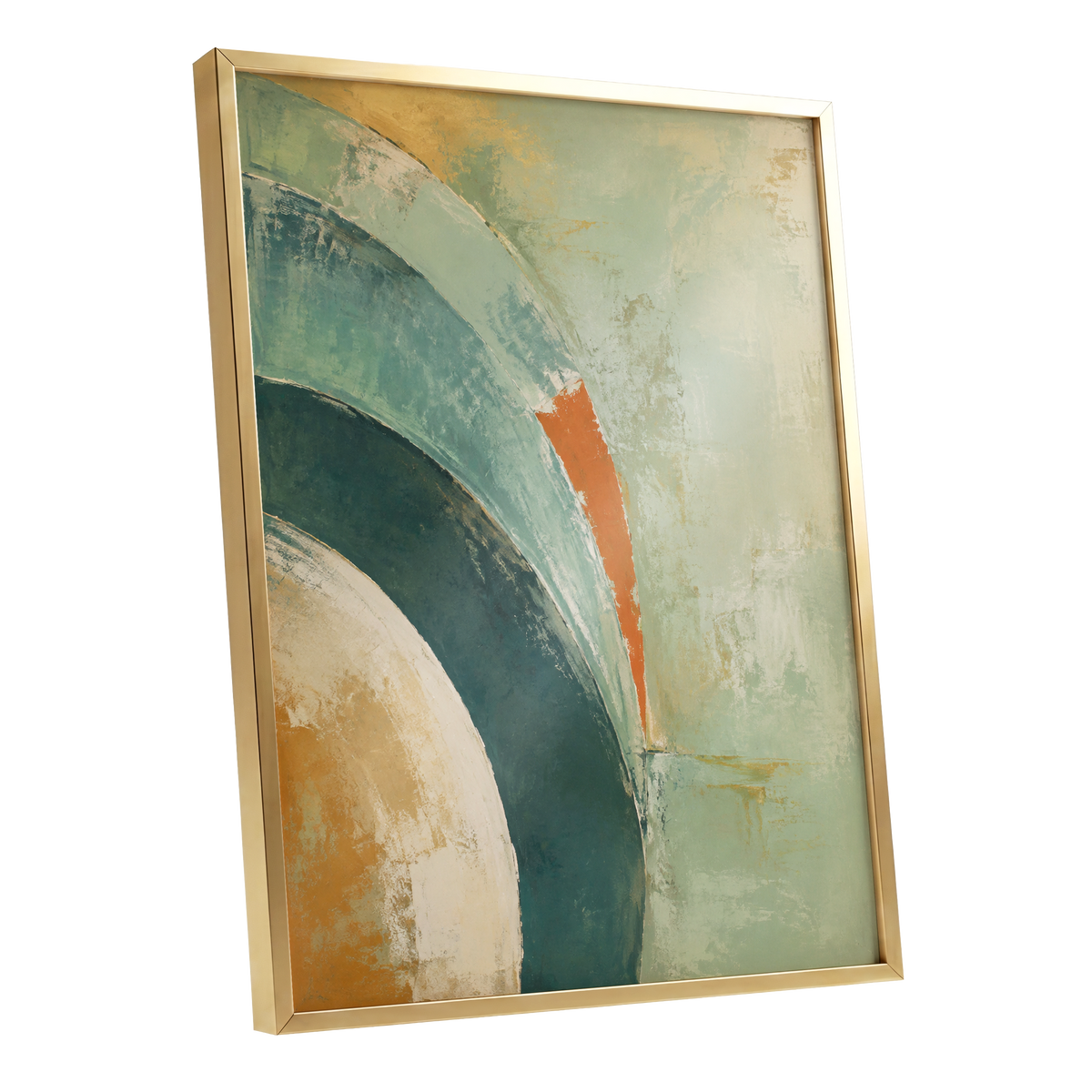 Verdigris Sweep, green, blue, beige abstract wall art shown as a gold framed poster wall art print