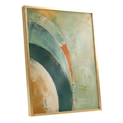 Verdigris Sweep, green, blue, beige abstract wall art shown as a gold framed poster wall art print