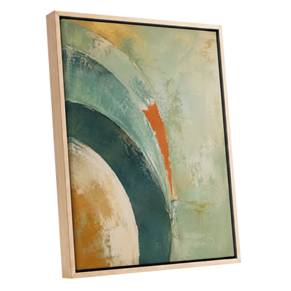 Verdigris Sweep, green, blue, beige abstract wall art shown as a oak framed canvas wall art