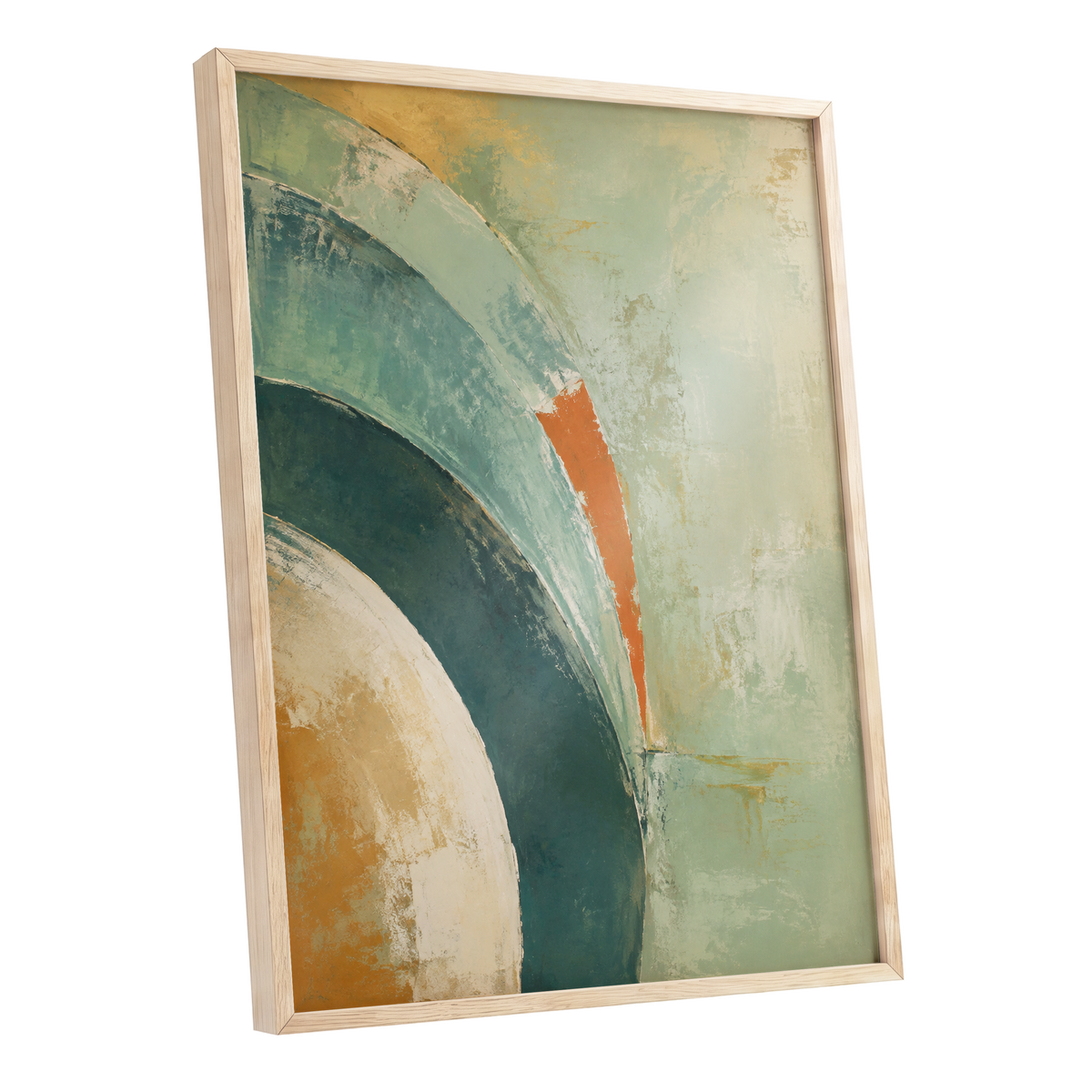 Verdigris Sweep, green, blue, beige abstract wall art shown as a oak framed poster wall art print