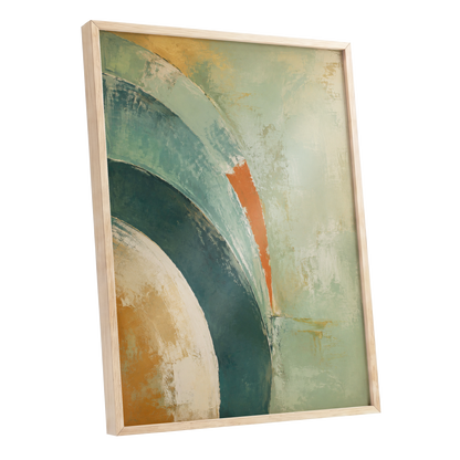 Verdigris Sweep, green, blue, beige abstract wall art shown as a oak framed poster wall art print