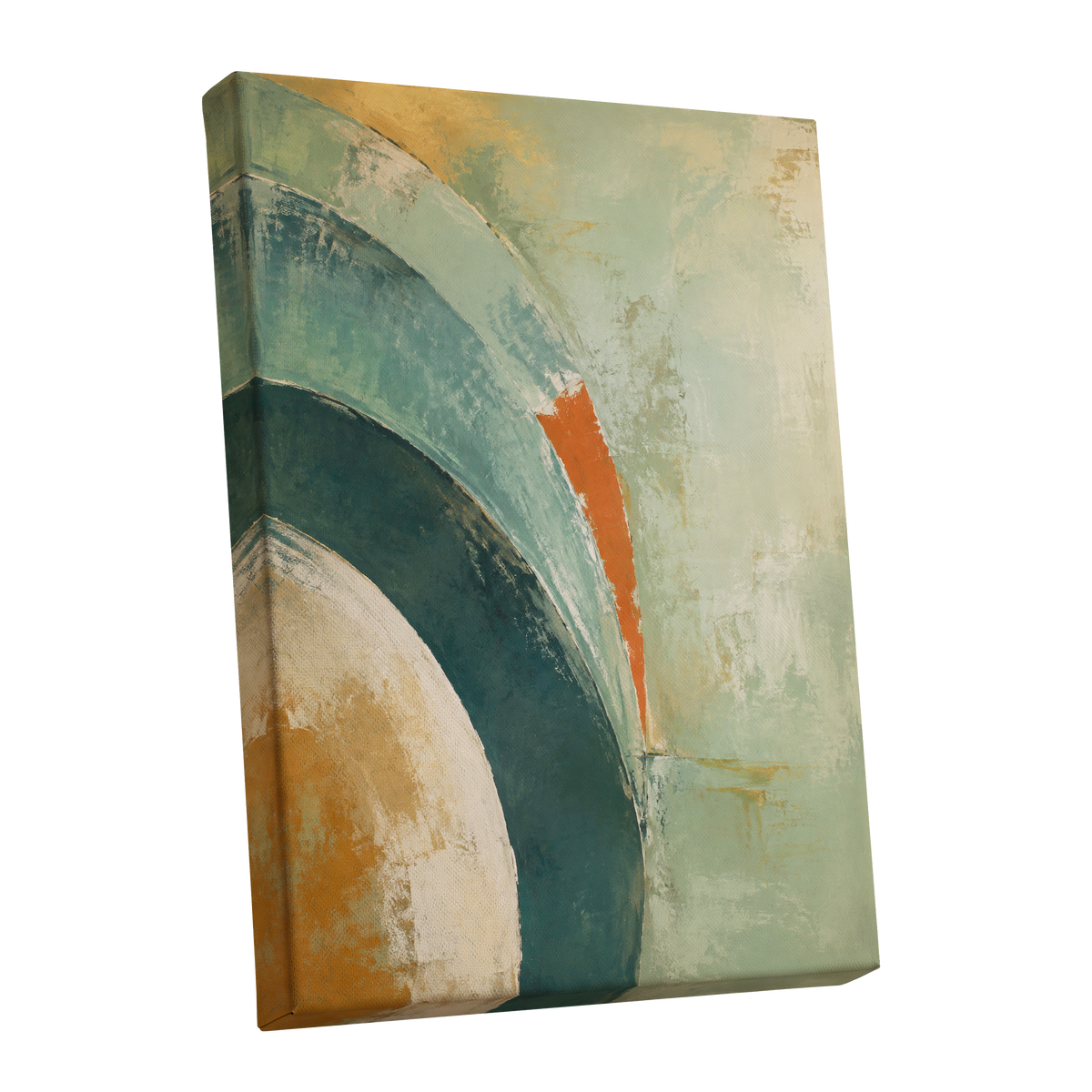 Verdigris Sweep, green, blue, beige abstract wall art shown as a stretched canvas wall art