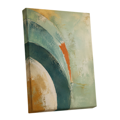 Verdigris Sweep, green, blue, beige abstract wall art shown as a stretched canvas wall art