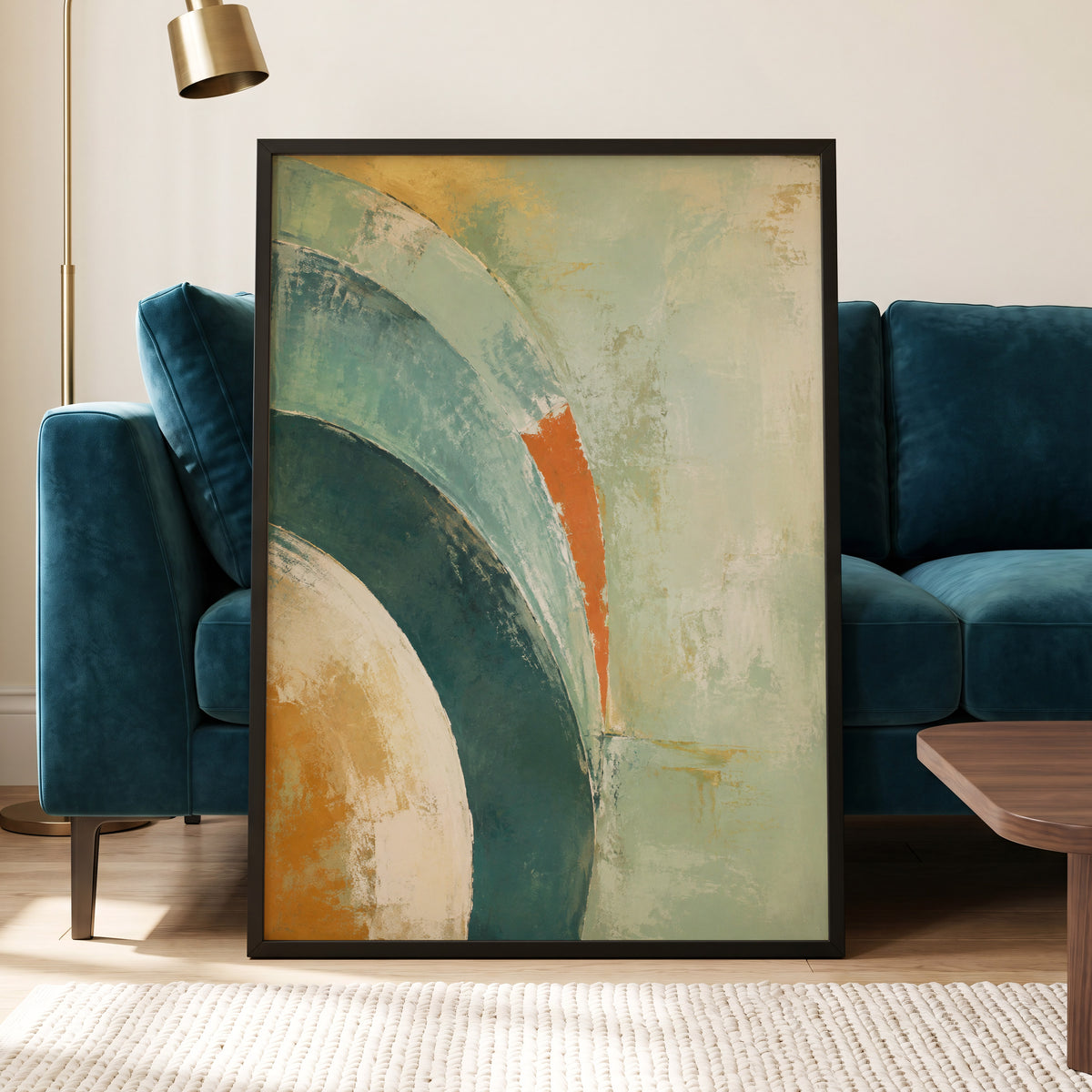 Verdigris Sweep, green, blue, beige abstract wall art displayed in a styled interior, gallery view 2