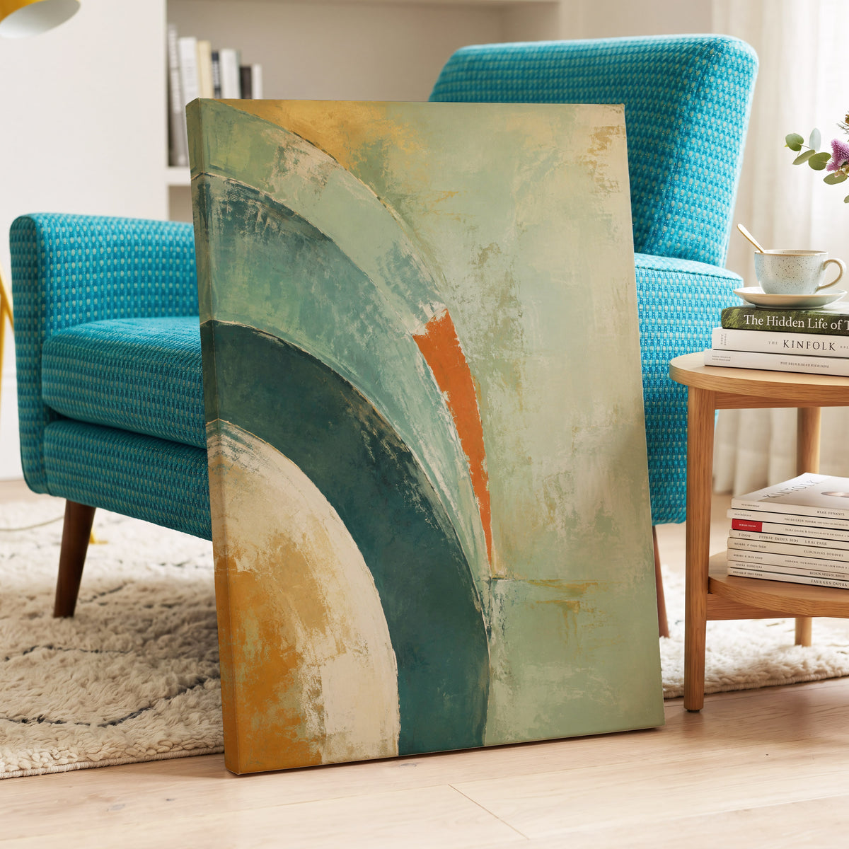 Verdigris Sweep, green, blue, beige abstract wall art displayed in a styled interior, gallery view 3