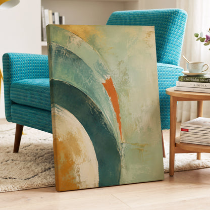 Verdigris Sweep, green, blue, beige abstract wall art displayed in a styled interior, gallery view 3