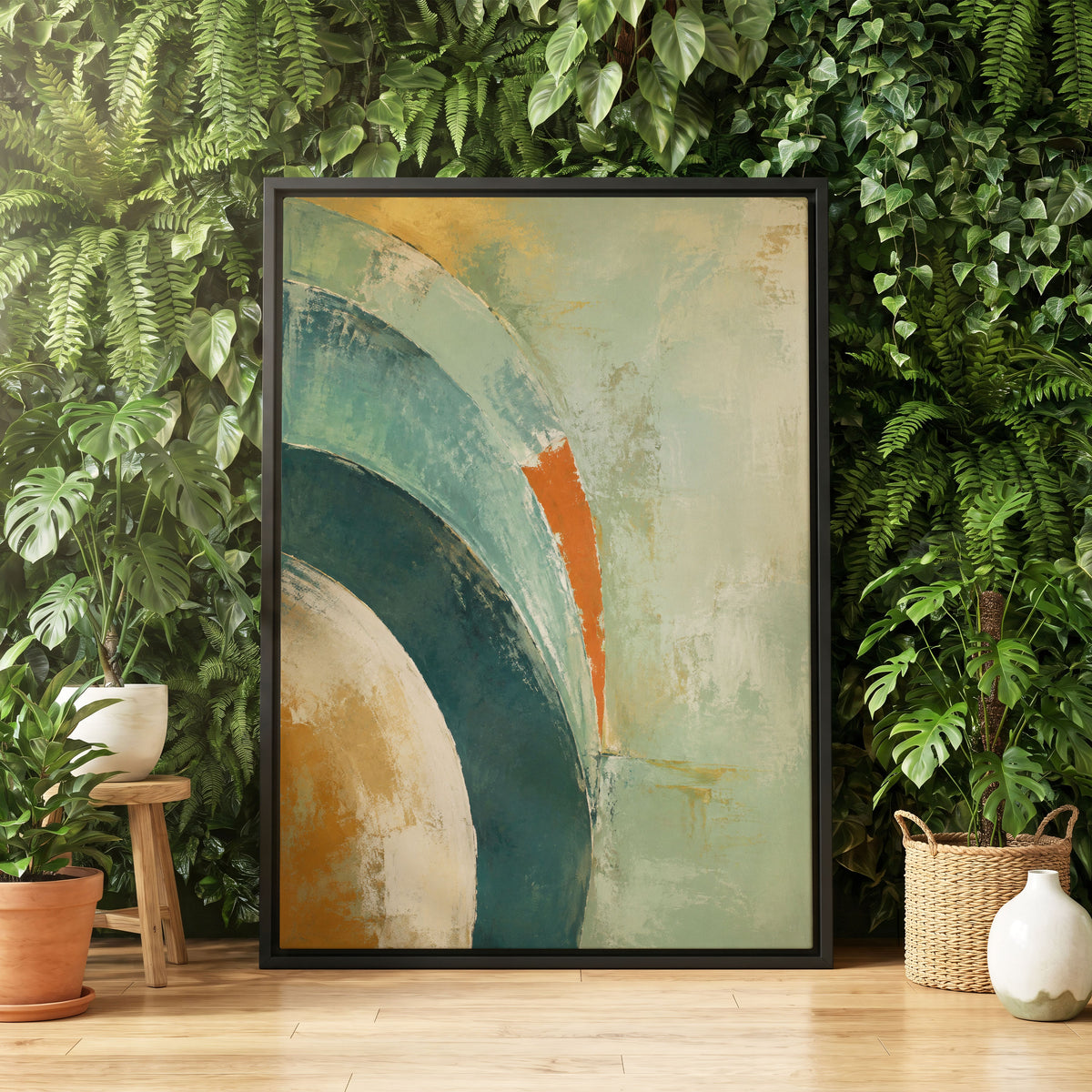 Verdigris Sweep, green, blue, beige abstract wall art displayed in a styled interior, gallery view 4