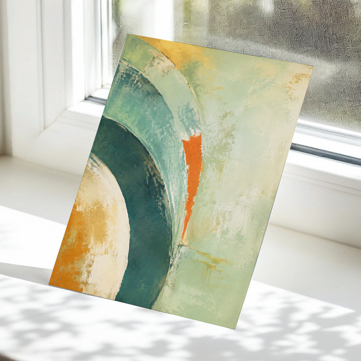 Verdigris Sweep, green, blue, beige abstract wall art displayed in a styled interior, gallery view 5