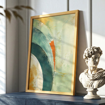 Verdigris Sweep, green, blue, beige abstract wall art displayed in a styled interior, gallery view 6
