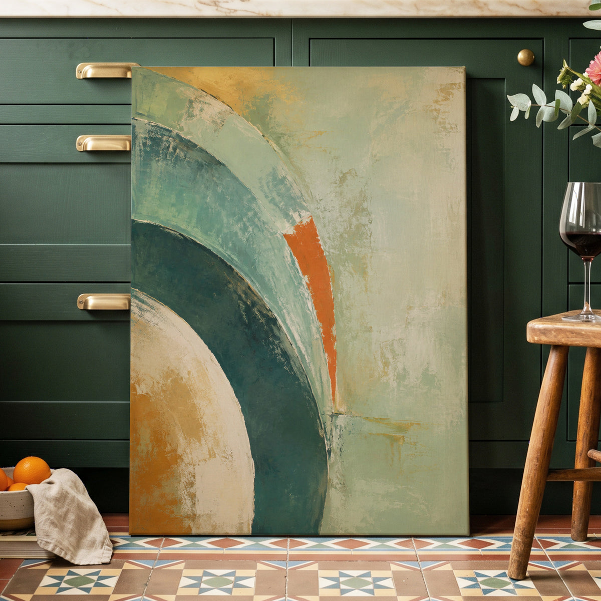 Verdigris Sweep, green, blue, beige abstract wall art displayed in a styled interior, gallery view 7