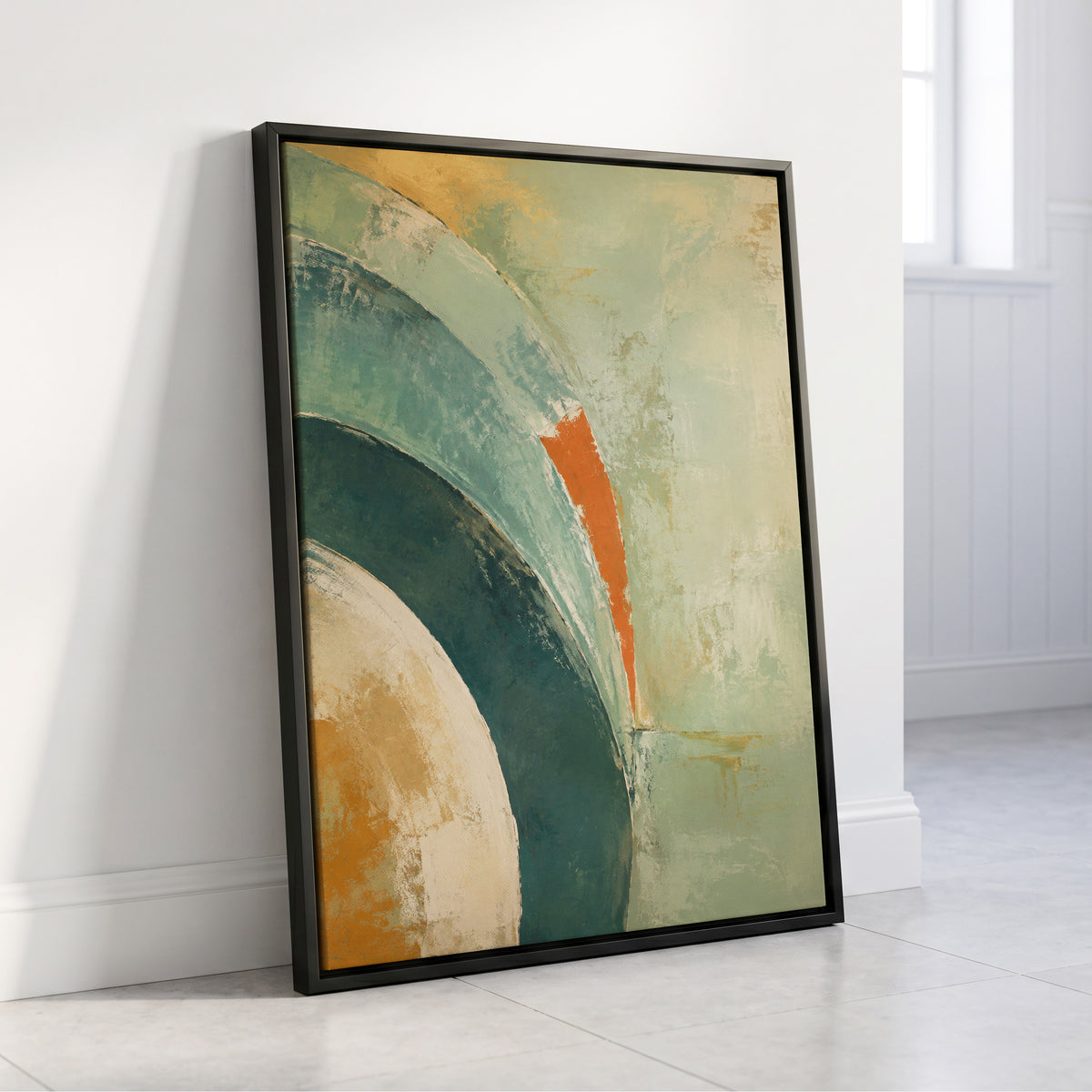 Verdigris Sweep, green, blue, beige abstract wall art displayed in a styled interior, gallery view 8