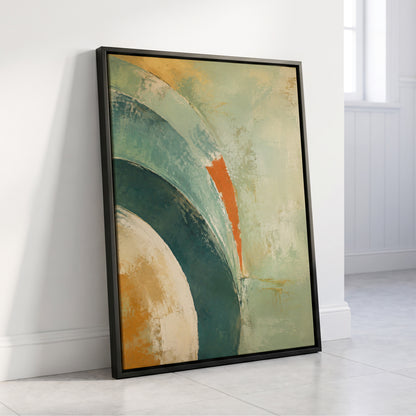 Verdigris Sweep, green, blue, beige abstract wall art displayed in a styled interior, gallery view 8