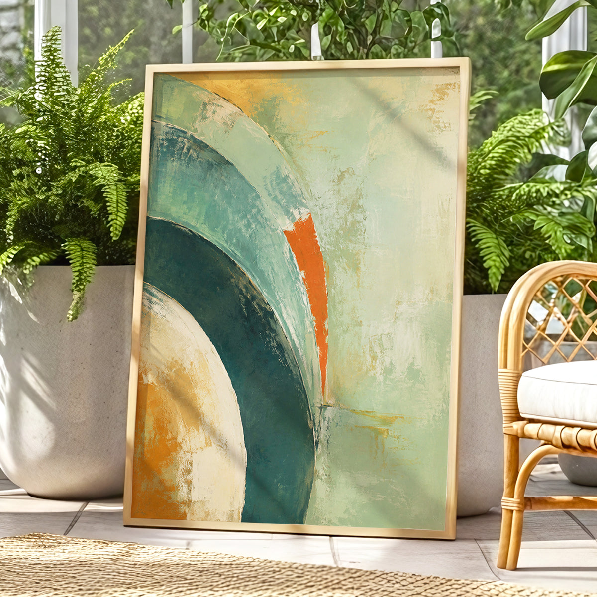 Verdigris Sweep, green, blue, beige abstract wall art displayed in a styled interior, gallery view 9