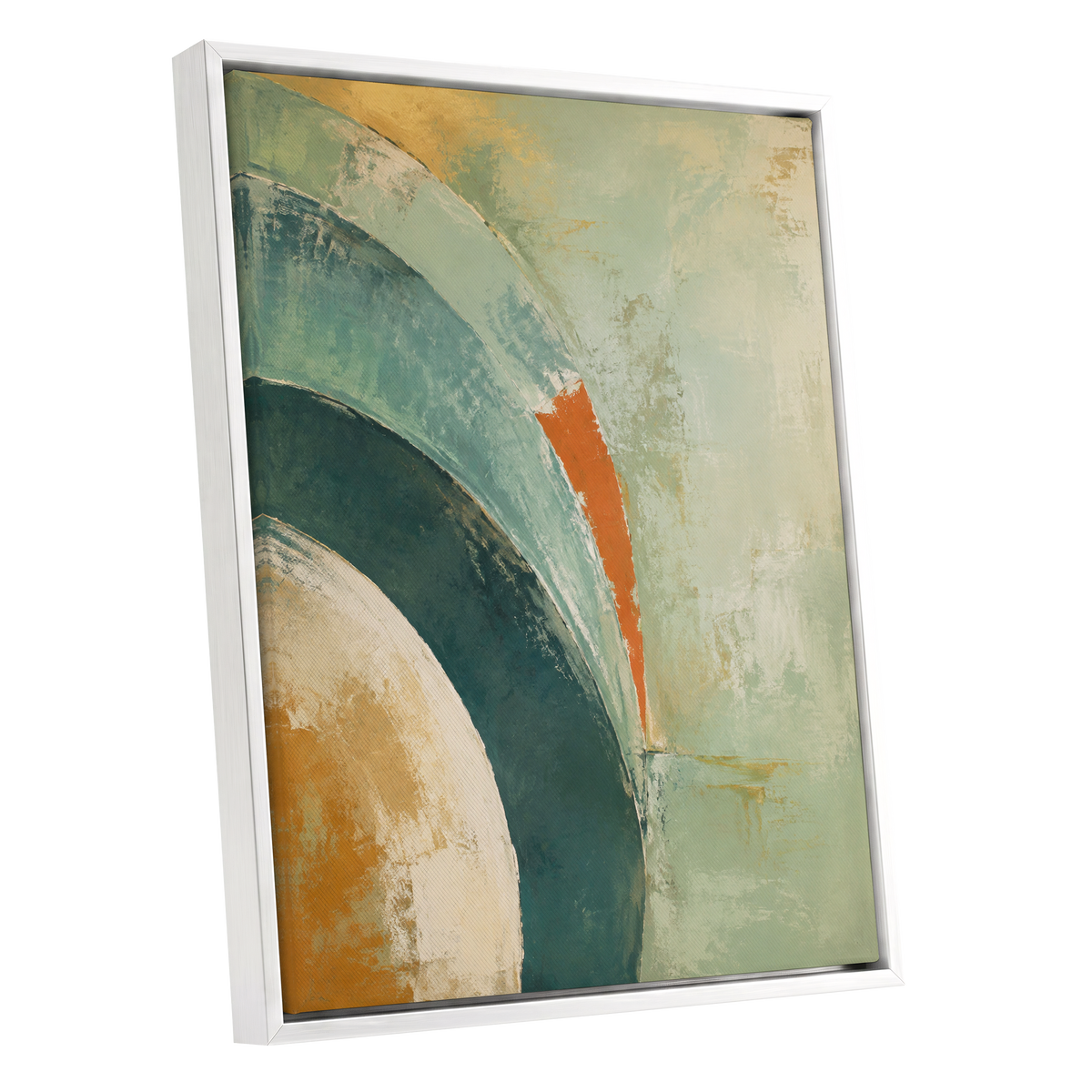Verdigris Sweep, green, blue, beige abstract wall art shown as a white framed canvas wall art